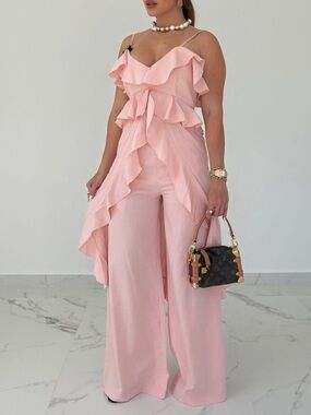 2PCs Ruffled Pink Wide-Leg Pant Set